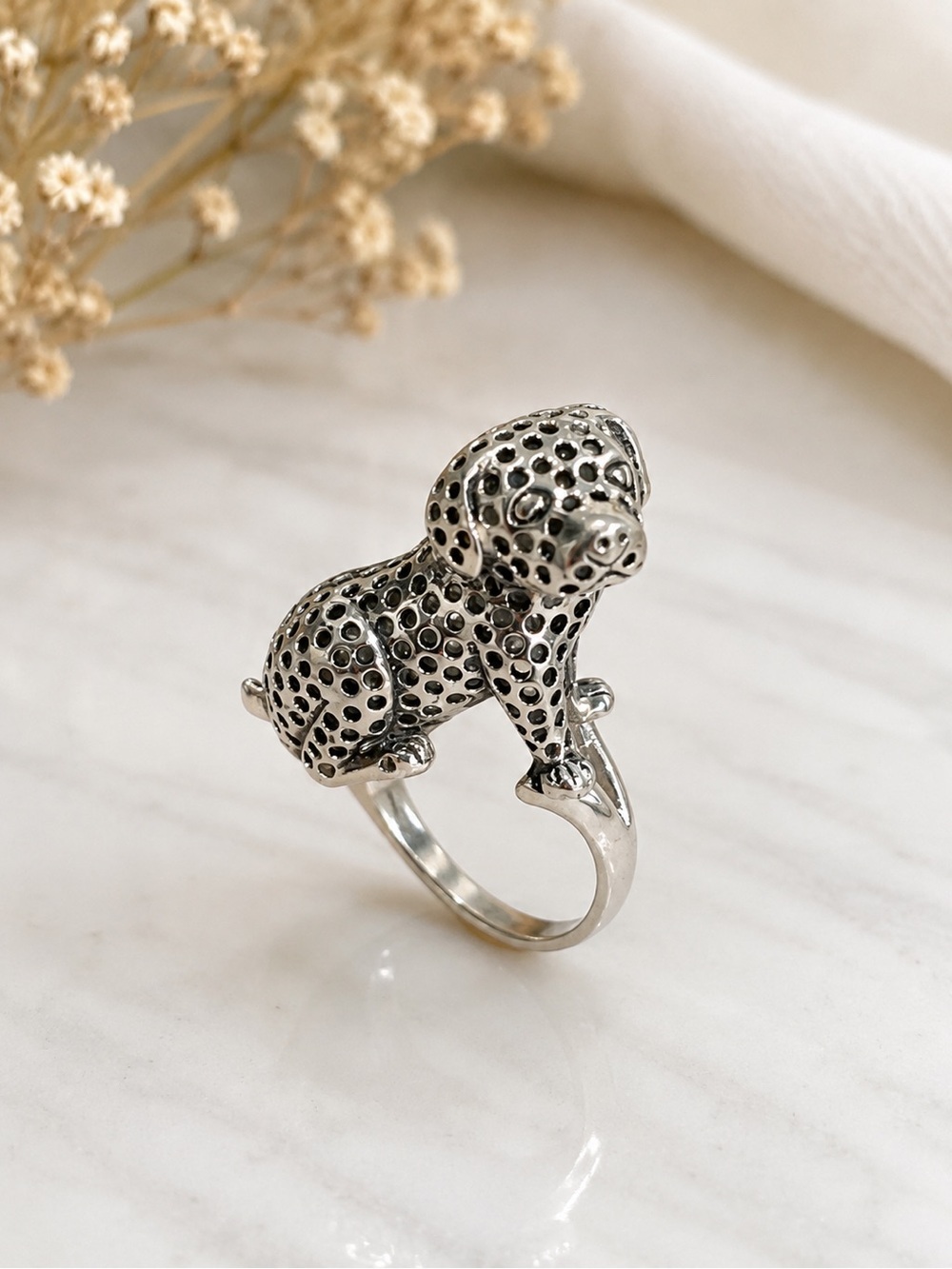 Silver Tone Spotted Puppy Dog Statement Ring